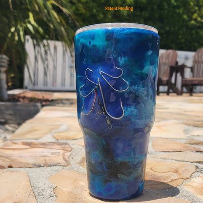 Blue Open Water 30oz fishing hook tumbler with real saltwater hooks and barrel swivel, handmade coastal drinkware by Hook & Tumble