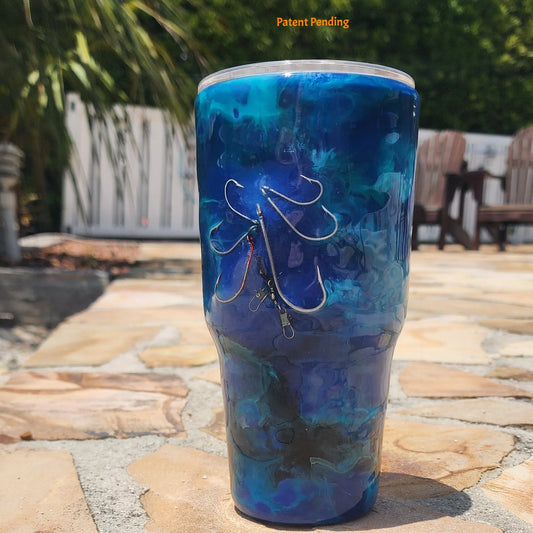 Blue Open Water 30oz fishing hook tumbler with real saltwater hooks and barrel swivel, handmade coastal drinkware by Hook & Tumble