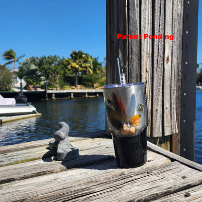 Handmade black 30oz coastal tumbler with shells, feathers and glossy finish