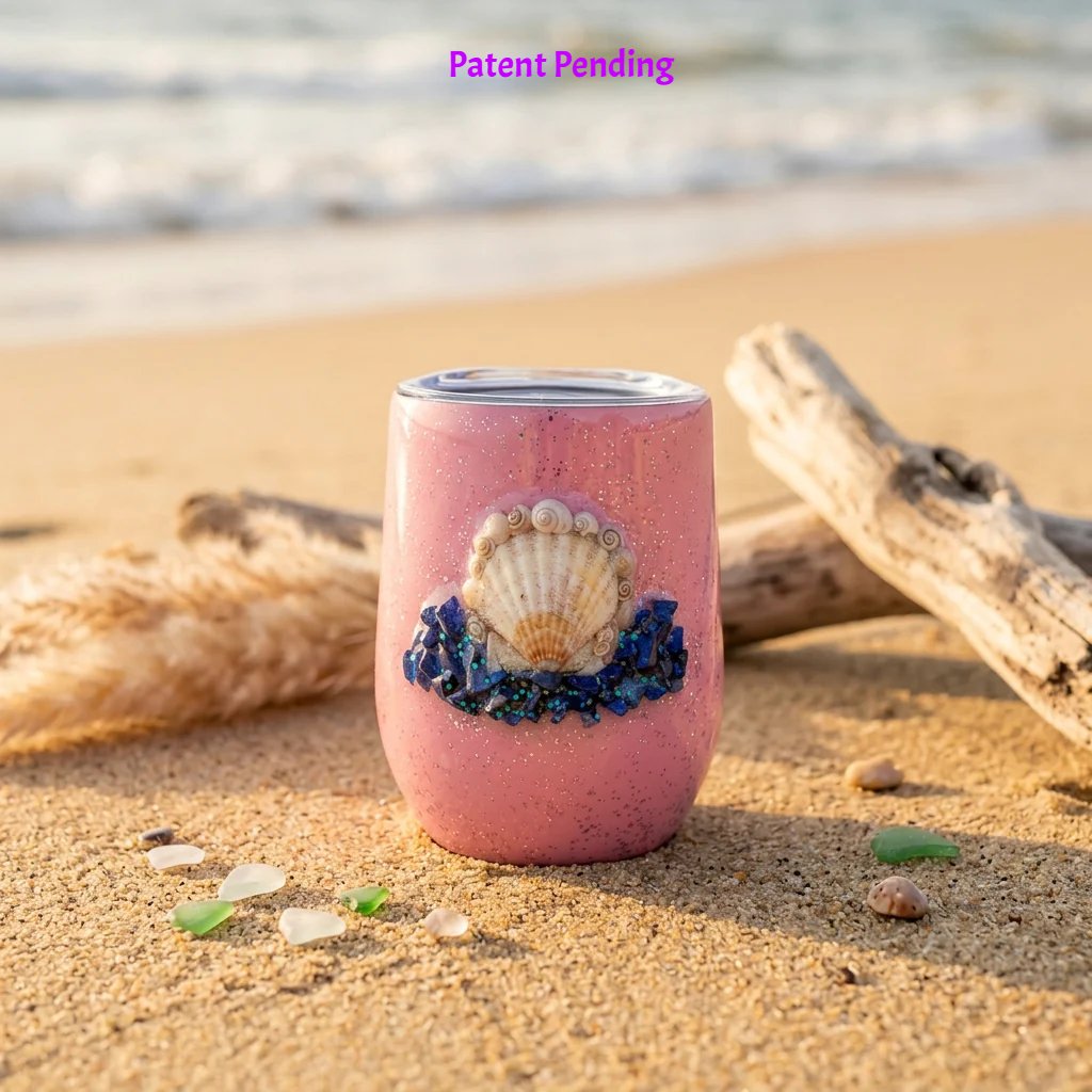 Handmade pink 12oz seashell tumbler with snail shells and lapis lazuli chips on beach sand beside driftwood at sunset