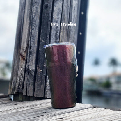 Right view of seashell tumbler with peace sign charm, colorshift finish, handmade in Florida