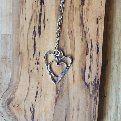 Sterling Silver .925 Handmade Hammered Double Heart Pendant with Swarovski Rhinestones – A Symbol of Love and Connection