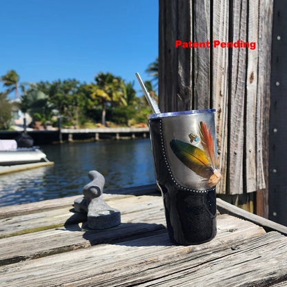Side view black glitter 30oz tumbler with silver upper finish and feather detail