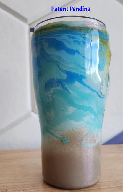 Turquoise ocean wave fishing hook tumbler 20oz indoor back left, seafoam turquoise design, Hook & Tumble™