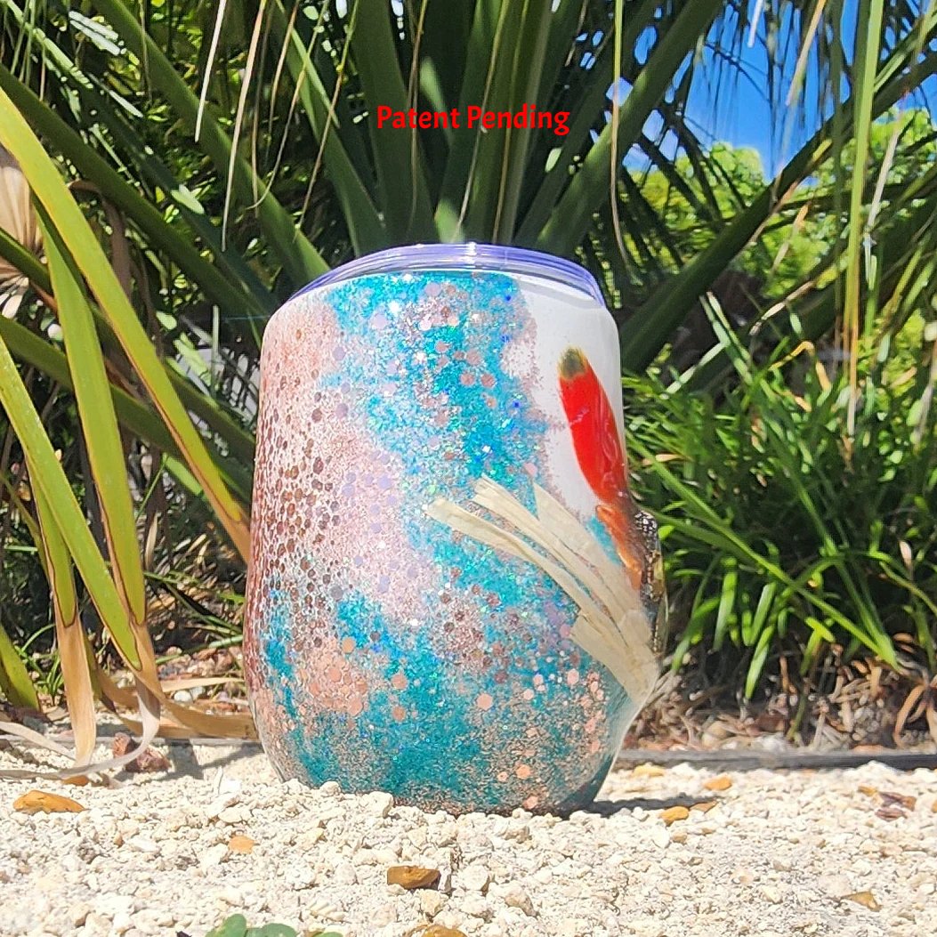 White Rose Gold Coastal Boho Wine Tumbler 12oz Feathers Shells Beach Gift Saltwater Sips™