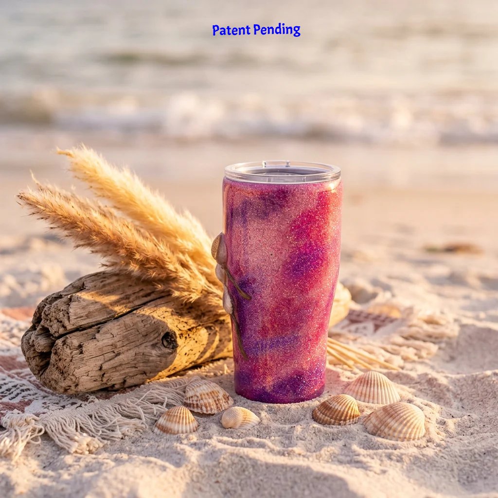 Pink and purple insulated tumbler beside driftwood and pampas grass on the sand