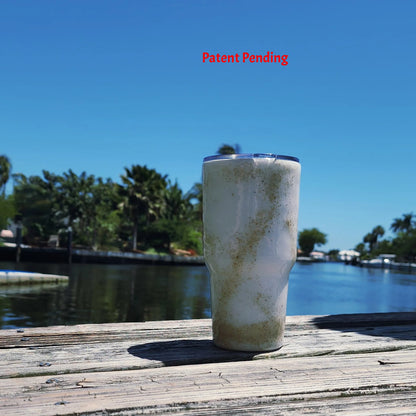 backside view Shore Thing Hook & Tumble™ 30oz white coastal tumbler intracoastal background