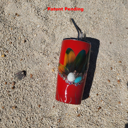 Handmade red coastal tumbler with seashell cluster and feathers – 20oz insulated drinkware