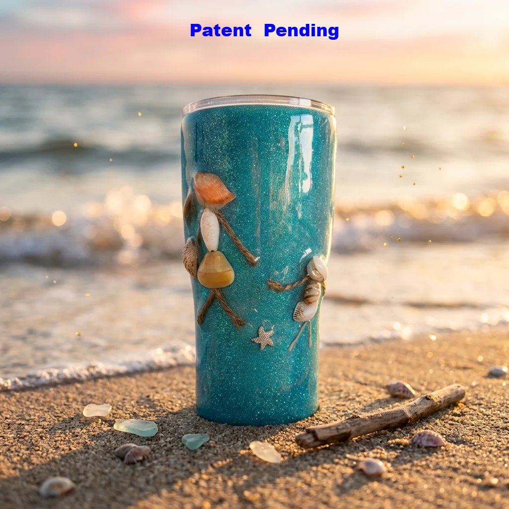 Back view of a handmade teal 20oz coastal tumbler with a glossy finish on the shoreline
