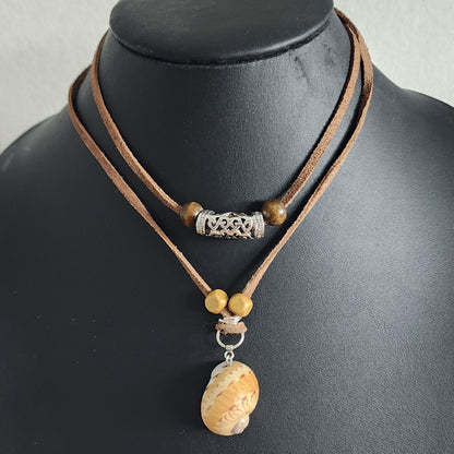 Colorful Moon Snail Shell adjustable choker necklace on brown faux suede cord