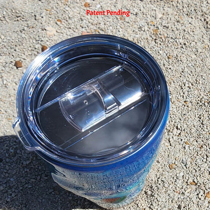 Hook & Tumble™ 20oz tumbler top view, snap-on splash proof lid, Patent Pending