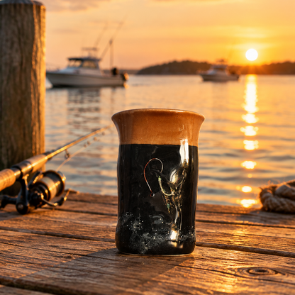 Handmade black fishing coffee mug on a wooden dock at sunrise with fishing boats in the harbor