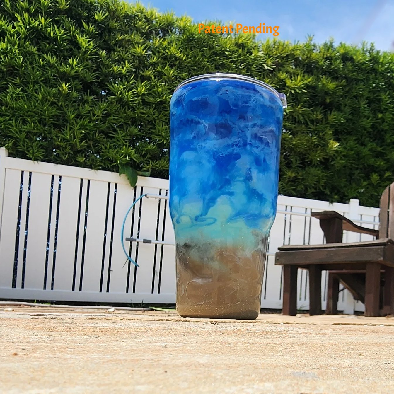 Back view of Crystal Shore Deep 30oz fishing tumbler showing full sandy shore to crystal turquoise to deep cobalt blue ocean design. Hook & Tumble™ by SoFlo Boho Boutique, handcrafted in South Florida, Patent Pending.