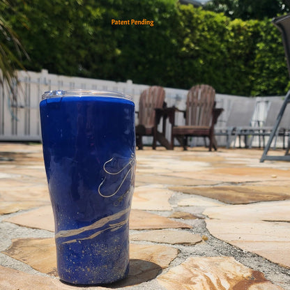 Handmade 20oz Blue Ink fishing hook tumbler with real saltwater hooks, barrel swivel and natural raffia, Hook & Tumble coastal drinkware