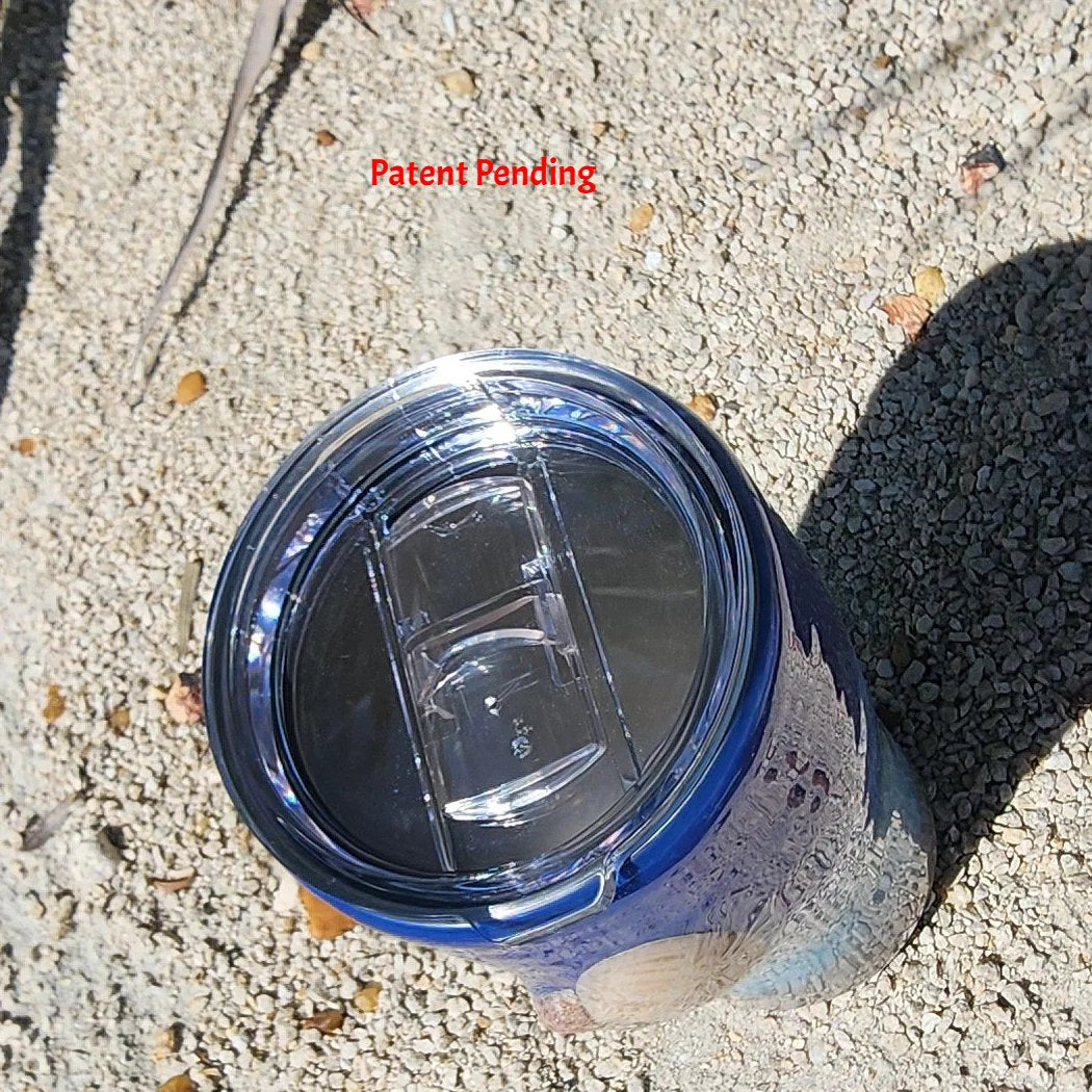 Blue ombre Saltwater Sips™ 20oz seashell tumbler top view, snap-on splash proof lid, stainless steel straw, Patent Pending