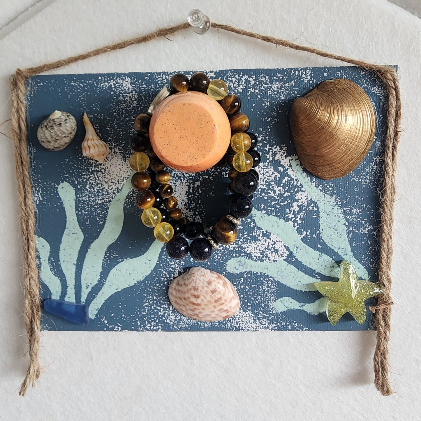 Blue Coral Reef seashell jewelry holder wall decor with real shells and resin accent, handmade coastal wall art