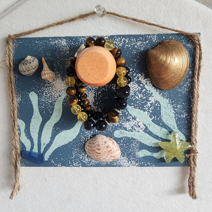 Blue Coral Reef seashell jewelry holder wall decor with real shells and resin accent, handmade coastal wall art