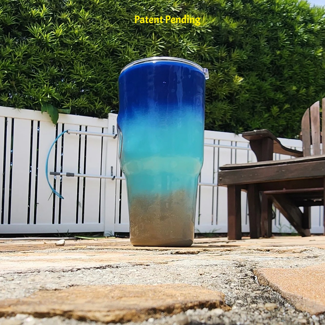 Right side view of Shore to Sea Blue 30oz fishing tumbler showing saltwater fishing hooks and barrel swivel detail. Hook & Tumble™ by SoFlo Boho Boutique, Patent Pending