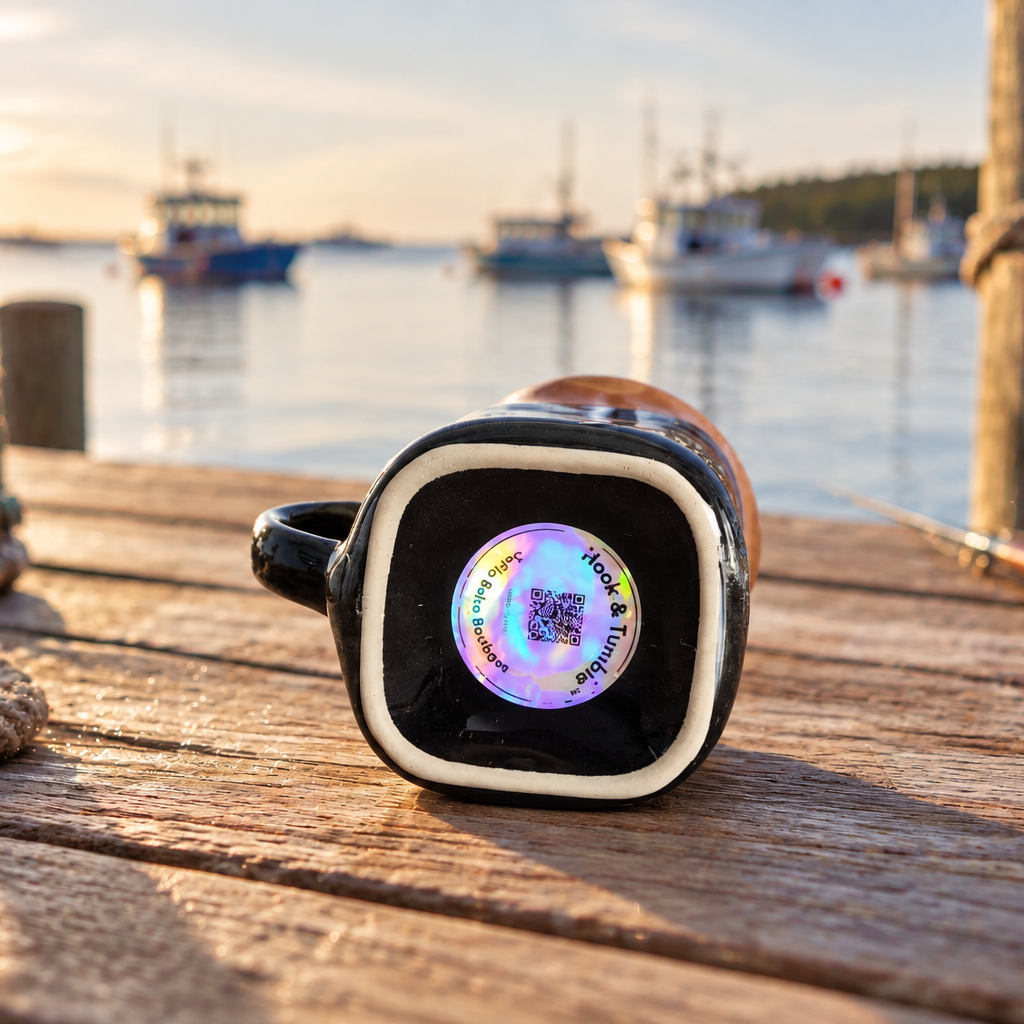 Handmade black fishing coffee mug on a wooden dock at dusk with boats in the harbor
