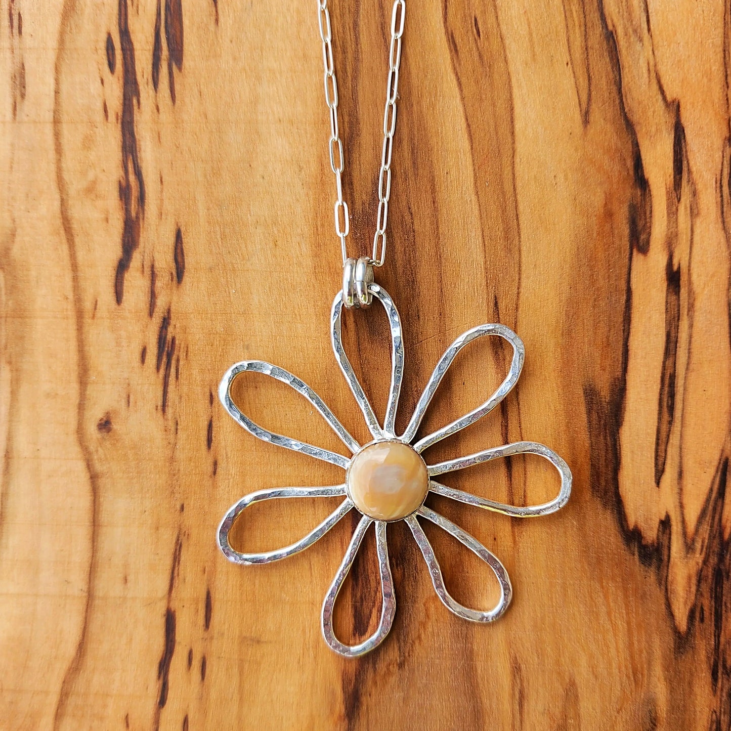 Flower Pedal Pendant with Mother Of Pearl Cabochon - Sterling Silver - Handmade Boho Jewelry