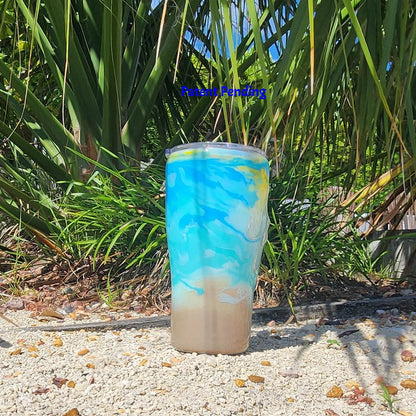 Turquoise ocean wave fishing hook tumbler 20oz back left view, seafoam and turquoise design, Hook & Tumble™ Patent Pending