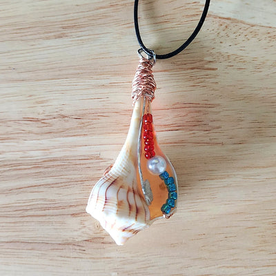 Lightning Whelk Seashell Pendant Necklace, Wire Wrapped Shell Jewelry, Copper Wrapped Beach Necklace, Coastal Boho Jewelry, Handmade Gift for Her