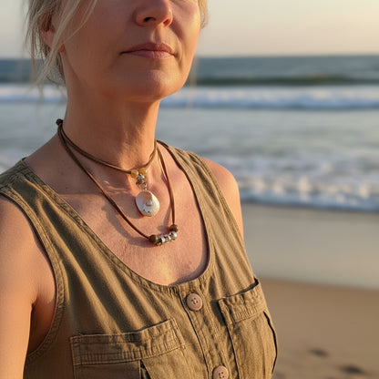 Woman wearing adjustable colorful moon snail pendant choker necklace at the beach,