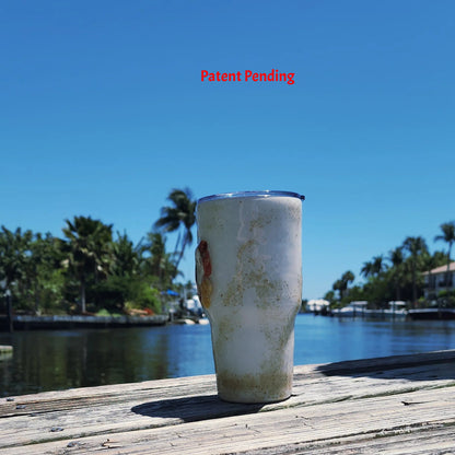 Left side view Shore Thing Hook & Tumble™ handmade tumbler on weathered dock South Florida