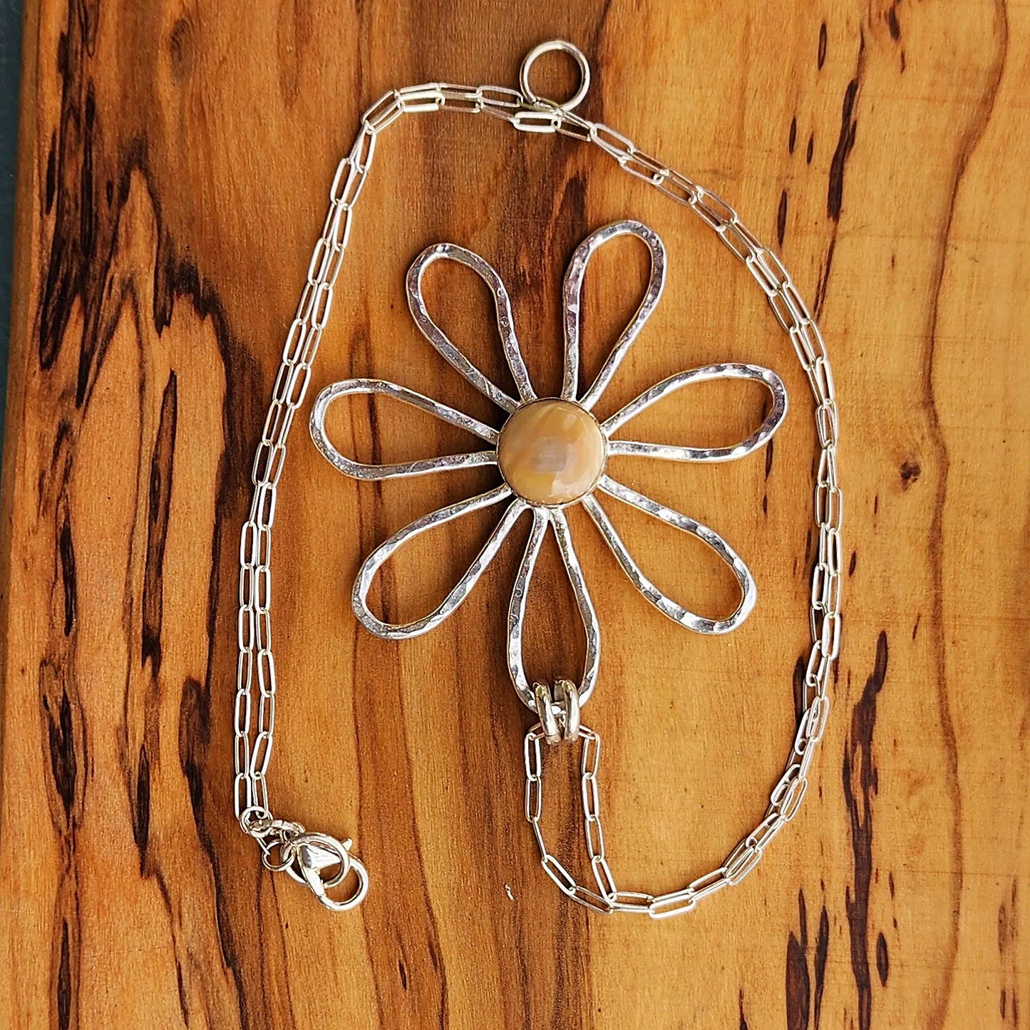 Flower Pedal Pendant with Mother Of Pearl Cabochon - Sterling Silver - Handmade Boho Jewelry