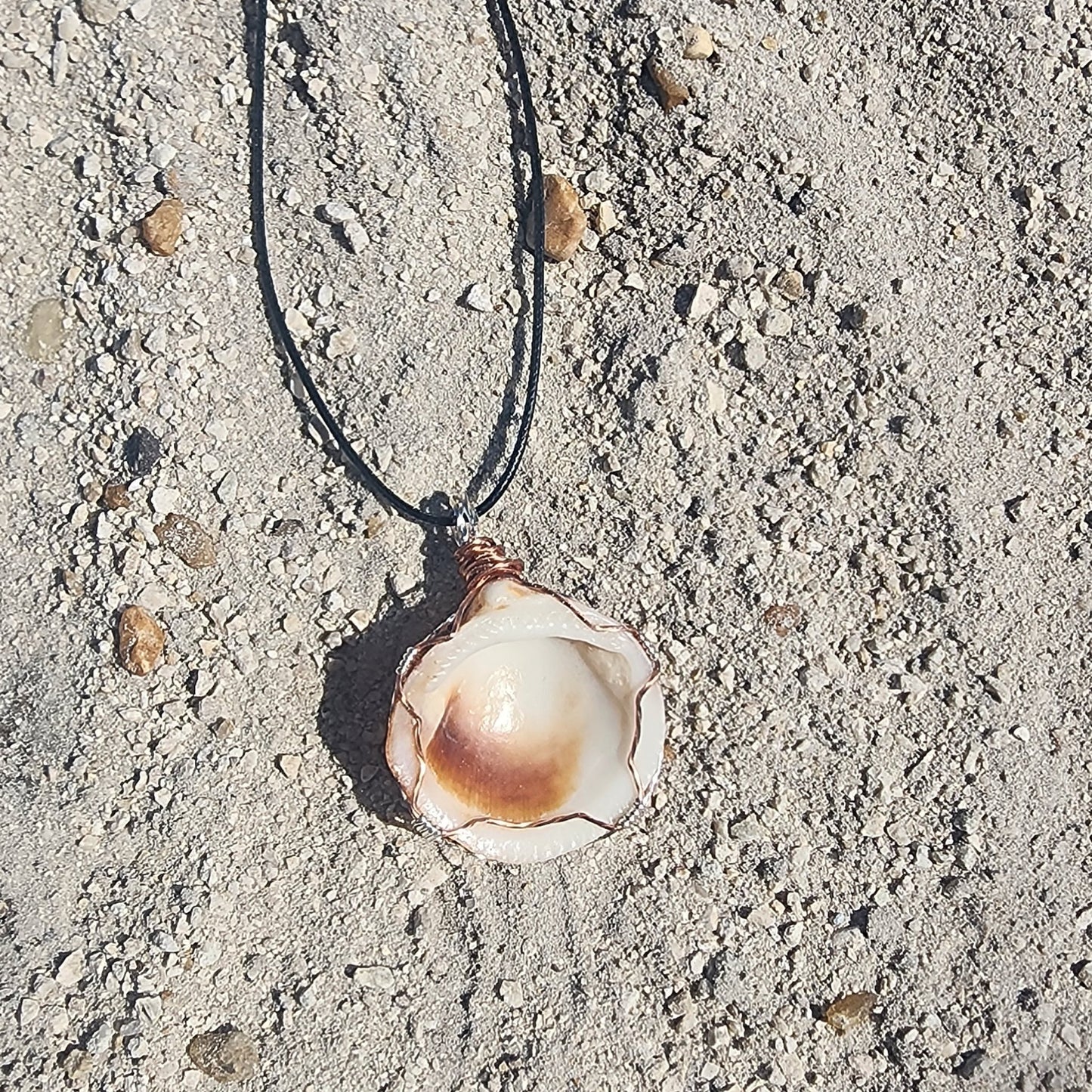 American Bittersweet Shell pendant necklace with fish charm and wire wrap on cord