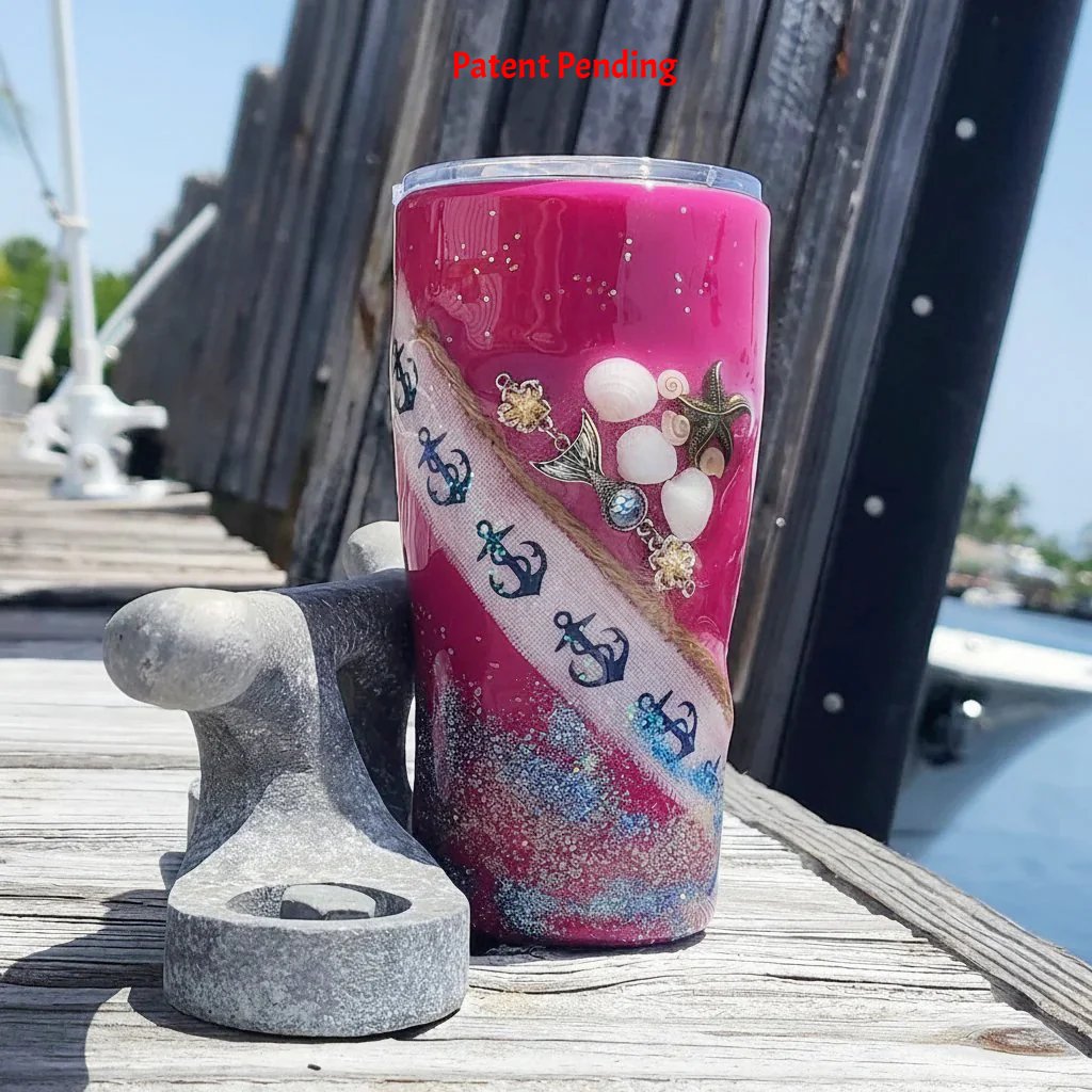 Front view of the Saltwater Sips 20oz Seashell Beach Tumbler sitting on a wooden dock. Features embedded real Florida seashells, a bronze starfish charm, and a mermaid tail accent nestled along an anchor-print ribbon over a blue glitter and real sand base.