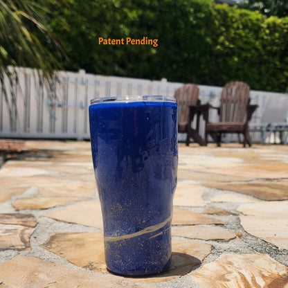 Handmade 20oz Blue Ink back side of fishing hook tumbler with real saltwater hooks, barrel swivel and natural raffia, Hook & Tumble coastal drinkware