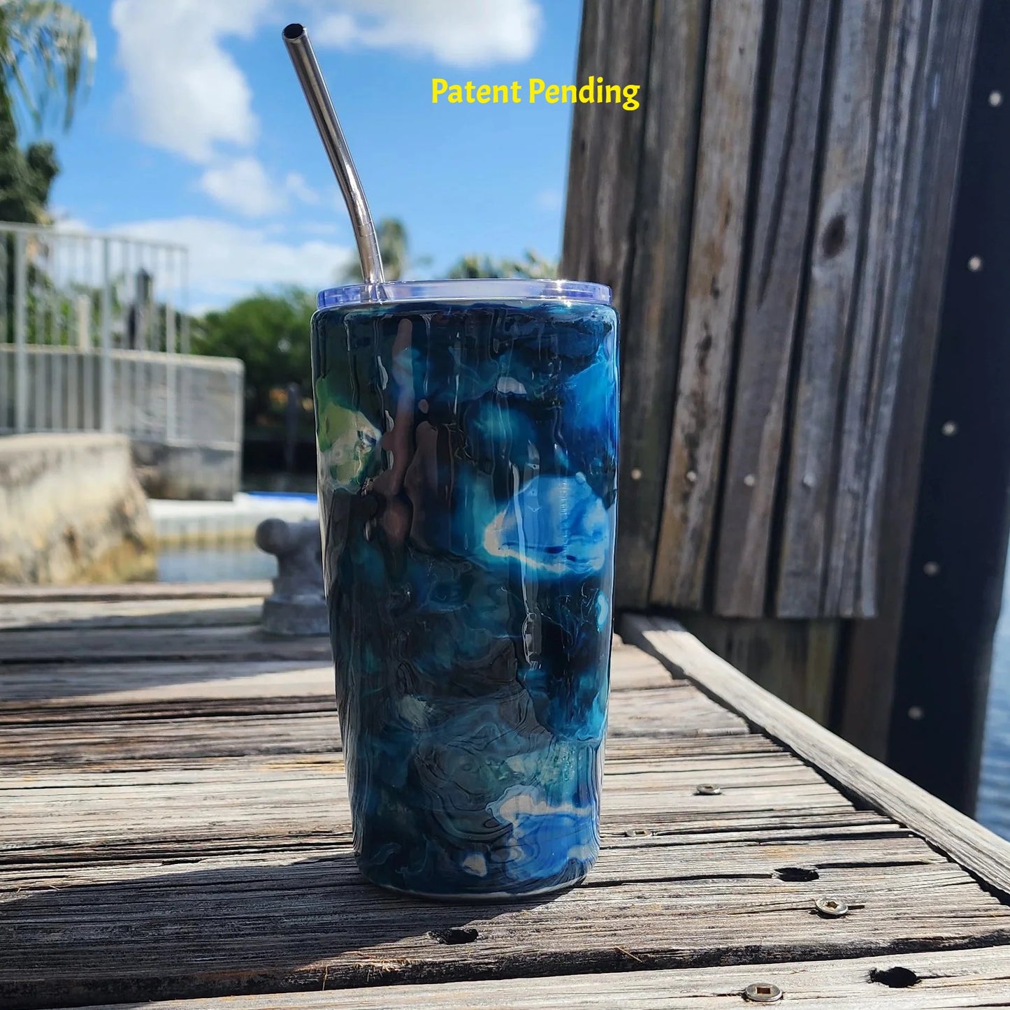 Night Tide Green and Blue Lagoon Hook & Tumble tumblers on dock, one of a kind handmade coastal drinkware