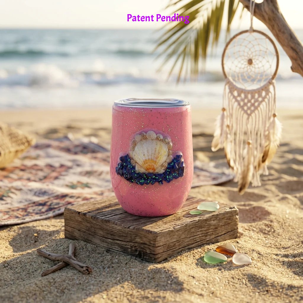 Handmade pink 12oz Saltwater Sips wine tumbler with a seashell, small snail shells and lapis lazuli chips on a beach with a dreamcatcher