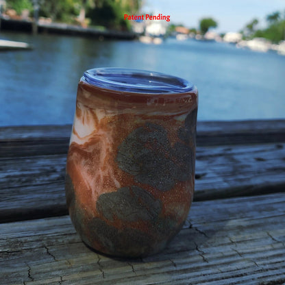 Real fishing hooks and spiral seashells set in earth tone epoxy resin tumbler, side view, Saltwater Sips 12oz