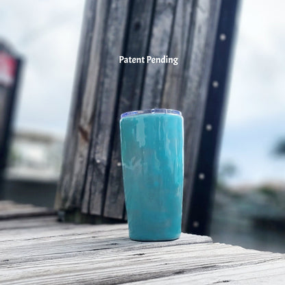 Back view of turquoise shimmer coastal tumbler, tapered shape, insulated stainless steel
