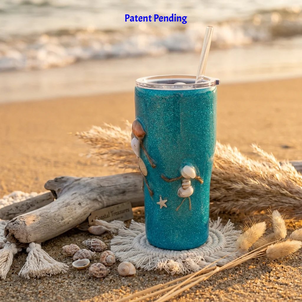 Lid top-down view of a 20oz insulated tumbler on sand surrounded by seashells