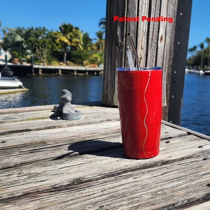 Red glossy seashell tumbler with metallic silver brush strokes – USA made coastal drinkware