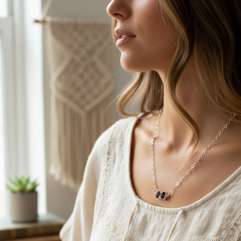 Sterling silver smoky quartz necklace styled with heart link chain