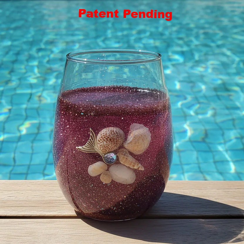 Handmade burgundy wine glass with seashells and silver mermaid fishtail charm - smoke-tinted stemless 18oz