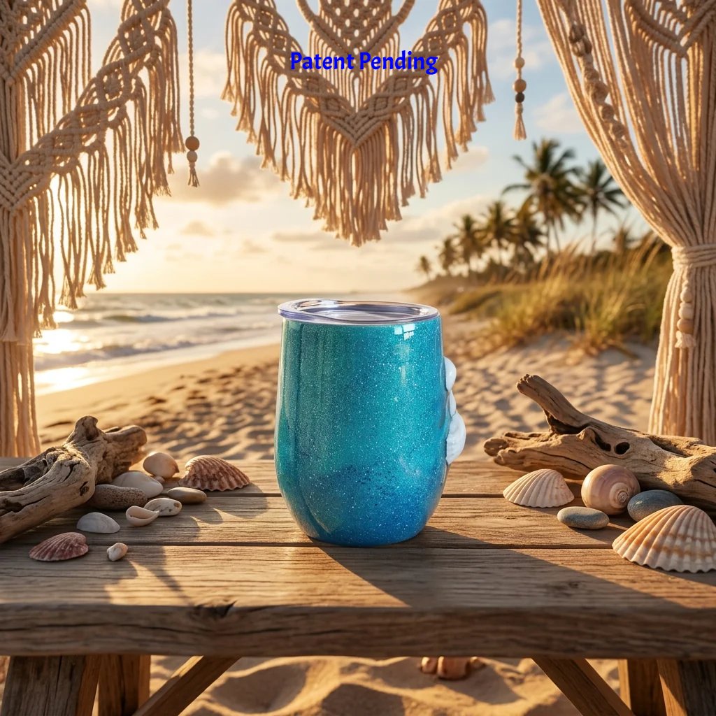 Teal wine tumbler on a wooden table under a macrame canopy with seashells at the beach