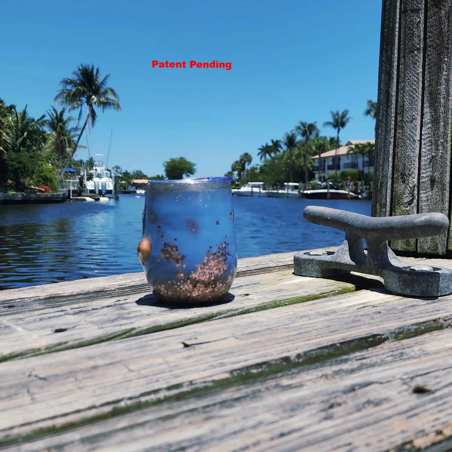 Rose Gold Seashell Saltwater Sips™ 12oz wine tumbler on dock – real seashells, fishing hooks and freshwater pearl handmade South Florida