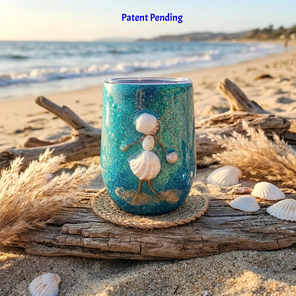 Handmade teal wine tumbler on driftwood with pampas grass and seashells by the ocean