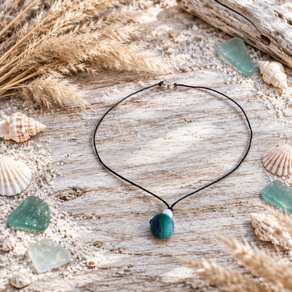 Teal natural stone pendant necklace with freshwater pearl accent bead, close-up