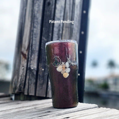 Colorshift seashell tumbler 20oz with peace sign and dragonfly charms, handmade coastal drinkware