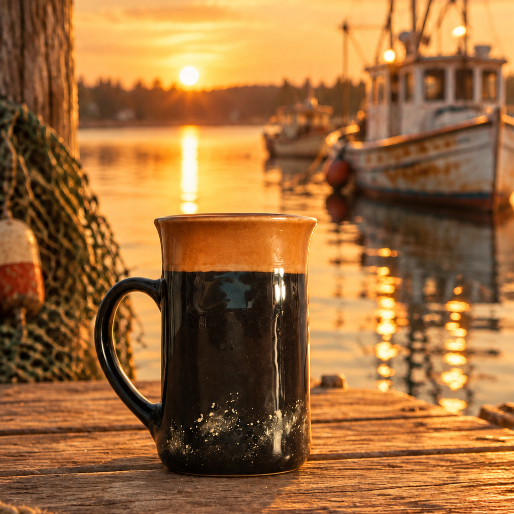 One-of-a-kind Hook & Tumble coffee mug with handle on a weathered wood dock at golden hour
