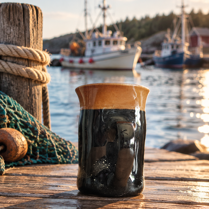Black handmade coffee mug beside dock ropes with a fishing boat harbor in the background