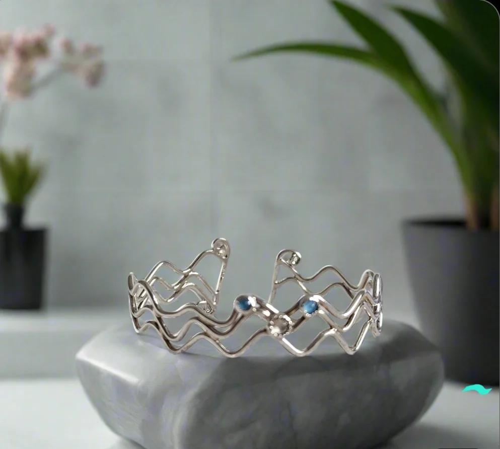 Flowing Ocean Waves Sterling Silver Cuff - Handcrafted with Sparkling Swarovski Crystals 🌊✨