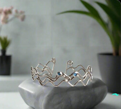Flowing Ocean Waves Sterling Silver Cuff - Handcrafted with Sparkling Swarovski Crystals 🌊✨