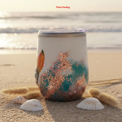 Handmade 12oz stemless wine tumbler rose gold teal glitter on sandy beach | Saltwater Sips™